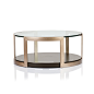 MANHATTAN GLASS TOP ROUND COFFEE TABLE : Product Info Dimensions Construction MANHATTAN GLASS TOP ROUND COFFEE TABLE Artisan metal wraps this circular table with chic retro style, with a rich matte gol