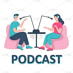 一名年轻男子和一名女子在录音棚录制播客。播客，广播节目，有声读物的概念。平面卡通矢量插图。