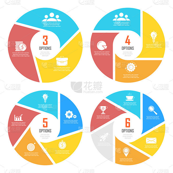 为圆形图，选项，网页设计，图形和圆形信息图设置模板。经营理念有3、4、5、6个要素，步骤，选项。