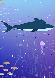 手绘蓝色海洋 美丽海底世界 热带鱼  飘动植物 海洋主题插画设计ai