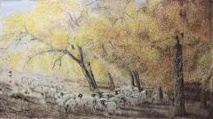 +万丈涟漪+-弦川_手绘,国画,工笔,羊群,树林,阳光,动物,场景,插画,秋天,胡杨,封面,弦川,原创_涂鸦王国插画