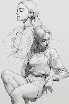 AI人物素描线稿素材 速写人物插画临摹图 卡通人物游戏角色设定-淘宝网