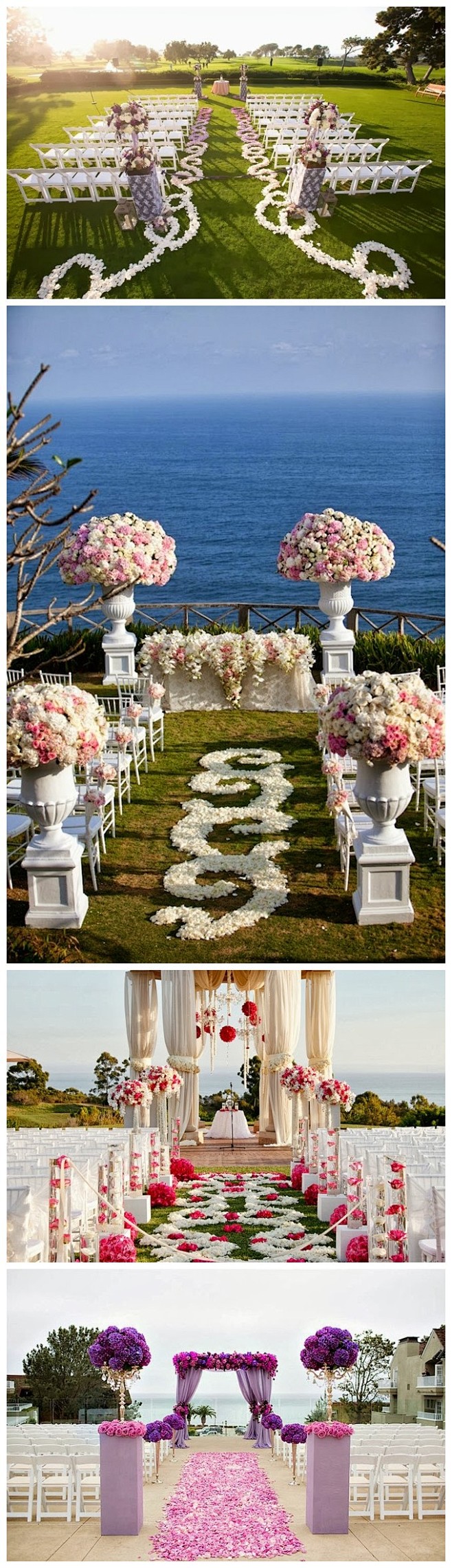 不同色系花瓣装饰的户外婚礼仪式场地布置