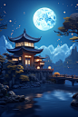 蓝色3D立体中国风中秋节赏月古建筑背景图