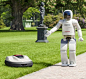 Honda's Asimo walking talking robot shows off the company's new lawn mower, Milmo, which is operated by robotics technology. (AP Photo/Honda Motor Co.): 