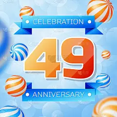 现实的49周年庆典设计横幅。金色数字和蓝丝带，蓝色背景上的气球。彩色矢量模板元素为您的生日派对