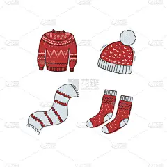 冬季保暖衣服。 红色毛衣、羊袜、围巾、帽子的矢量图解。 手绘涂鸦绘图
