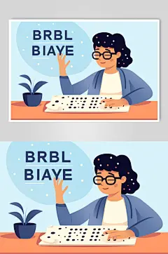 AI数字艺术盲人读盲文扁平化人物插画