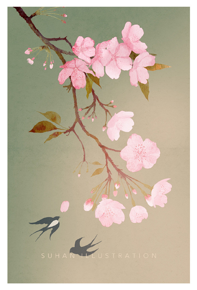 春 帆 二 三，
山 影 浸 绿。
鹤 ...