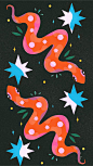 其中包括：Two illustrated orange and pink snakes on a black background surrounded my leaves and pointy stars. The top snake is facing down to the right and the bottom snake up to the left.