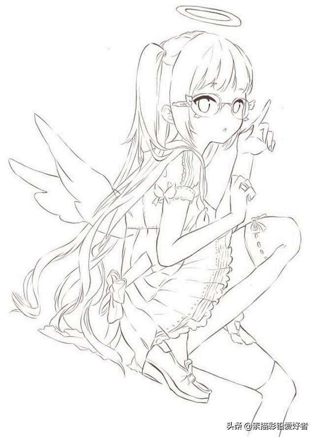 21:15:58动漫线描画,女孩,天使的翅膀线稿
