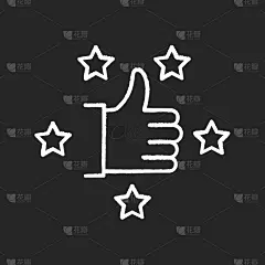 建议用粉笔在黑色背景上标出白色图标。竖起大拇指。5星。评审率。客户满意度水平。客户服务审批。最高的质