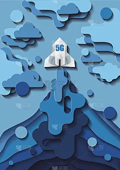 Paper cut style rocket is flying in the sky throug