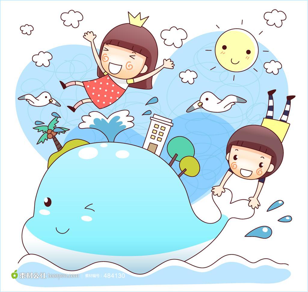 海上和鲸鱼玩耍的儿童卡通素材