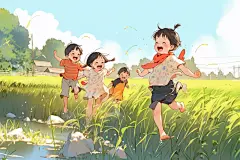 晴天春游蓝天秋游奔跑孩子插画图片