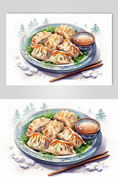 AI数字艺术冬至包饺子手绘插画