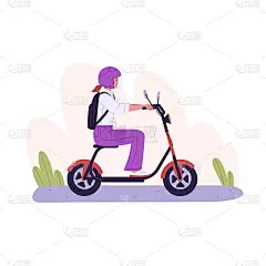 骑电动机车的人。女性驾驶环保助力车。戴头盔的骑手坐在自行车座位上。背包旅行的学生使用现代交通工具。平