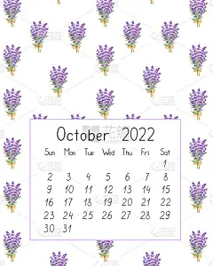 日历页为2022年10月水彩花卉无缝插图，可打印页，手绘花纹法国普罗旺斯薰衣草花，夏日度假纪念品