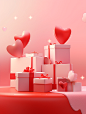 3d valentine presents with cards and hearts, in the style of minimalist backgrounds, light red, candid atmosphere, daz3d, minimalist stage designs, flat surfaces, ceramic