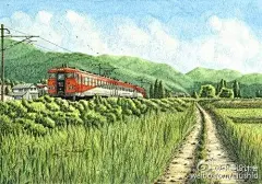 松本忠——日本铁道画家。通过旅行，将沿途风景定格在插画中。作品集“铁道油漆插画” 清新自然，展现出日本福岛县沿铁路的美丽景色；列车之旅，沿途不经意的风景，樱花飞舞的无人车站，塑造出节奏强烈的风景线。#求是爱设计#