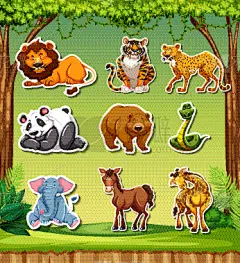 标签,分离着色,可爱的,图像,猎豹,蛇,长颈鹿,狮子,模板,象