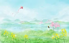 立春 春天插画春天放风筝插画唯美油菜花桃花风筝植物春分春季山水风景水彩背景卡通春天放风筝插画