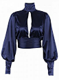 Shop Navy Blue High Neck Open Back Puff Sleeve T-shirt from choies.com .Free shipping Worldwide.$24.29