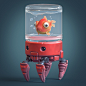 Crab bot., Roman Makarenko : Red crab robot with a goldfish in an aquarium on his head.
https://instagram.com/roman.3dart 
https://facebook.com/roman3dart