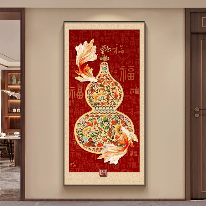 新中式福禄葫芦玄关挂画锦鲤过道墙画红色百福图入户迎门墙装饰画-tmall.com天猫-花瓣网