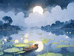 圆月湖面倒影的圆月小船漂浮唯美插图卡通浪漫手绘梦幻风古风插图