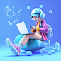AIGC | 绘画场景 一个女孩玩电脑3d蓝色背景 C4D
