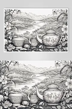 AI数字艺术复古铜版画茶园茶叶插画-众图网