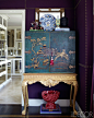 Chinoiserie Cabinet, purple upholstered walls