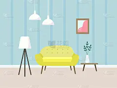 客厅内部有沙发、桌子和台灯。矢量平面插图。