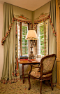 Lush corner window treatment. Beautiful embellishment & trim.: