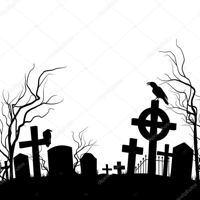 公墓。乌鸦坐在墓碑上。黑色和白色