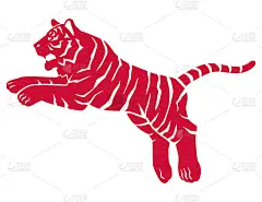 从侧面看到的跳跃的老虎剪影的插图材料。红色日式色块图案。
