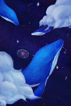 唯美水彩卡通晚上蓝鲸鱼插画海报