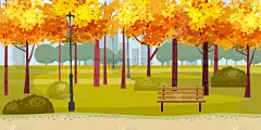 秋天公园景观黄橙红叶树,走道长椅.秋天的心情户外城市景观。孤立的向量孤立的说明