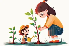 儿童植树场景插画