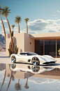 an white exotic car parked by a pool in a desert, in the style of surreal architectural landscapes, american mid-century design, daz3d, captivating landscapes, nostalgic, richly layered, mono-ha