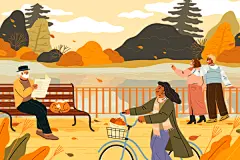 扁平手绘秋天秋冬季黄叶落叶公园秋游风景人物插画海报ai设计素材-淘宝网