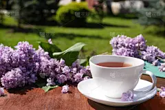 明信片是美丽的。一杯白茶和一束紫色紫丁香的背景。美丽的静谧生活。春天的时候。"早上好"的概念侧视图、