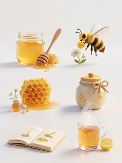 6个完全不同的蜂蜜元素系列素材集合，规整排布，包含：1. 玻璃罐中装满金黄色蜂蜜，木勺上滴落蜂蜜，旁边放着一块蜂巢；2. 一只卡通风格的蜜蜂，翅膀透明，正在花朵上采蜜；3. 一个陶瓷材质的蜜罐，罐身上有蜂蜜滴落的图案，罐口系着麻绳蝴蝶结；4. 一块完整的蜂巢，表面有晶莹的蜂蜜，旁边散落几颗野花；5. 一个打开的书本，书页上画着蜂蜜的制作过程插画，旁边放着一小瓶蜂蜜；6. 一杯冒着热气的蜂蜜水，杯壁上挂着蜂蜜，旁边放着柠檬片，所有元素均采用超写实主义风格，主色调为金黄色、琥珀色和透明色，光影运用突出物体的质