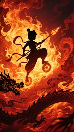 一张以汹涌燃烧的火焰为背景的海报，火焰呈现出明亮的橙黄色核心过渡到深沉的暗红色边缘，具有高度写实的质感和动态的流动感，光影对比强烈，高光区域明亮耀眼，阴影部分深邃浓重。画面中央偏上位置有一个清晰的哪吒剪影，他脚踏风火轮，手持火尖枪，身披混天绫，姿态英武，剪影边缘锐利。哪吒剪影的周围和背景火焰中巧妙融入龙纹剪影元素，龙纹线条流畅，呈现出盘旋飞舞的姿态，与火焰的流动感相呼应。整体设计风格统一，火焰的热烈氛围与哪吒、龙纹的神话主题相得益彰，视觉冲击力强，能迅速抓住观者目光，传达出力量与激情的核心信息。