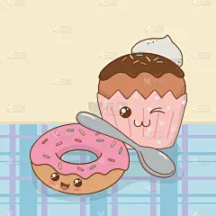 可爱的,纸杯蛋糕,可爱,性格,菜单,食品,焦糖,糖果,甜点心,绘制