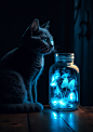 DrappleDapple blue kitten standing near magic jar with blue but 