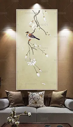 新中式白玉兰工笔花鸟玄关背景墙装饰画