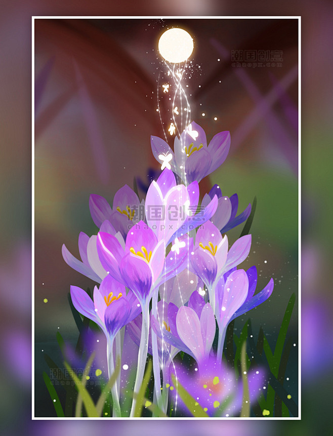 紫水仙手绘插画紫色背景