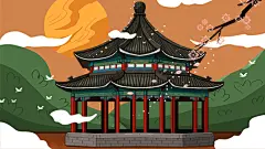 中国风古代建筑城楼城墙鼓楼古镇凉亭古塔复古psd插画海报模板